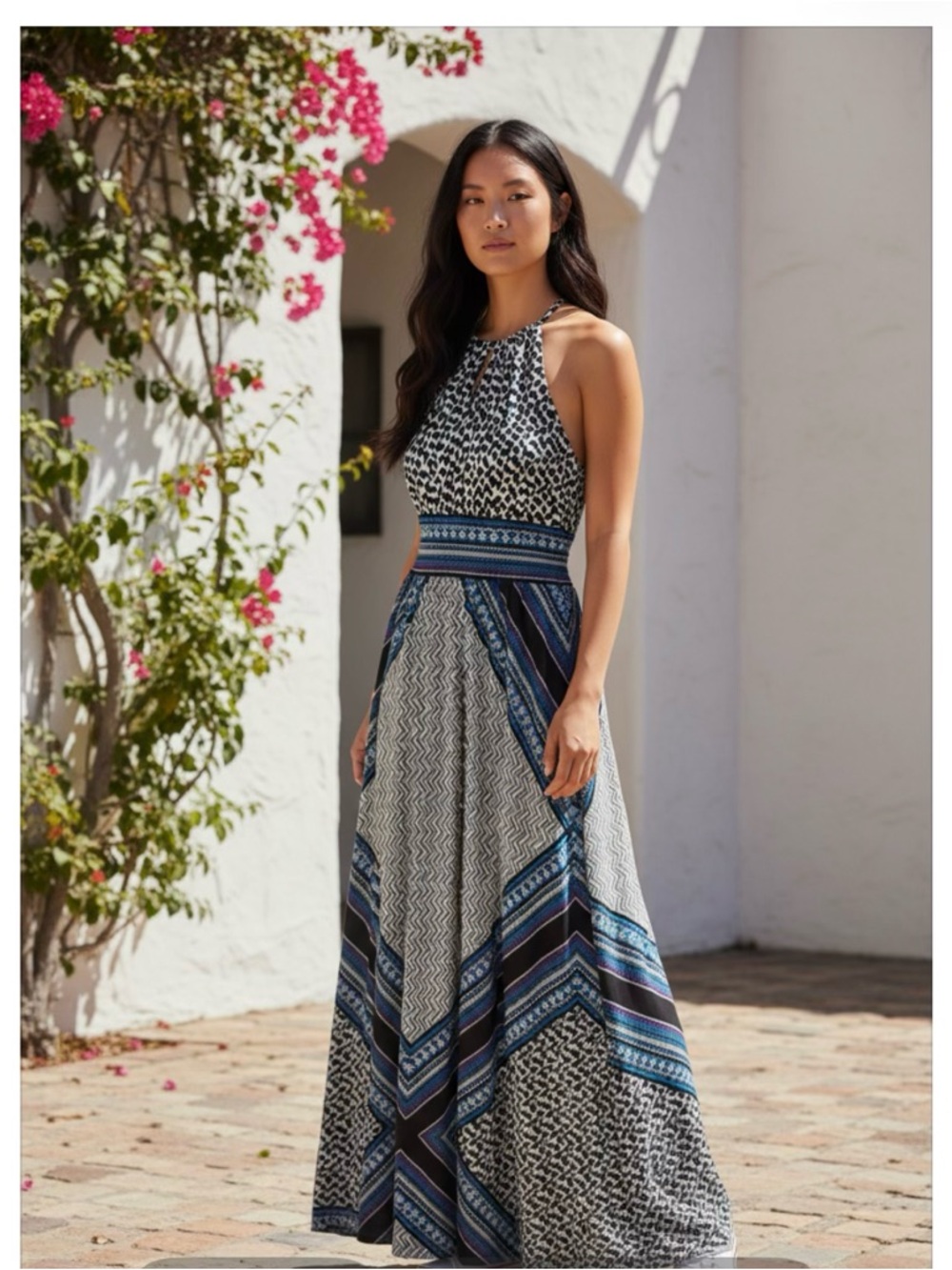 London Times Navy and White Halter-Style Printed Maxi Dress